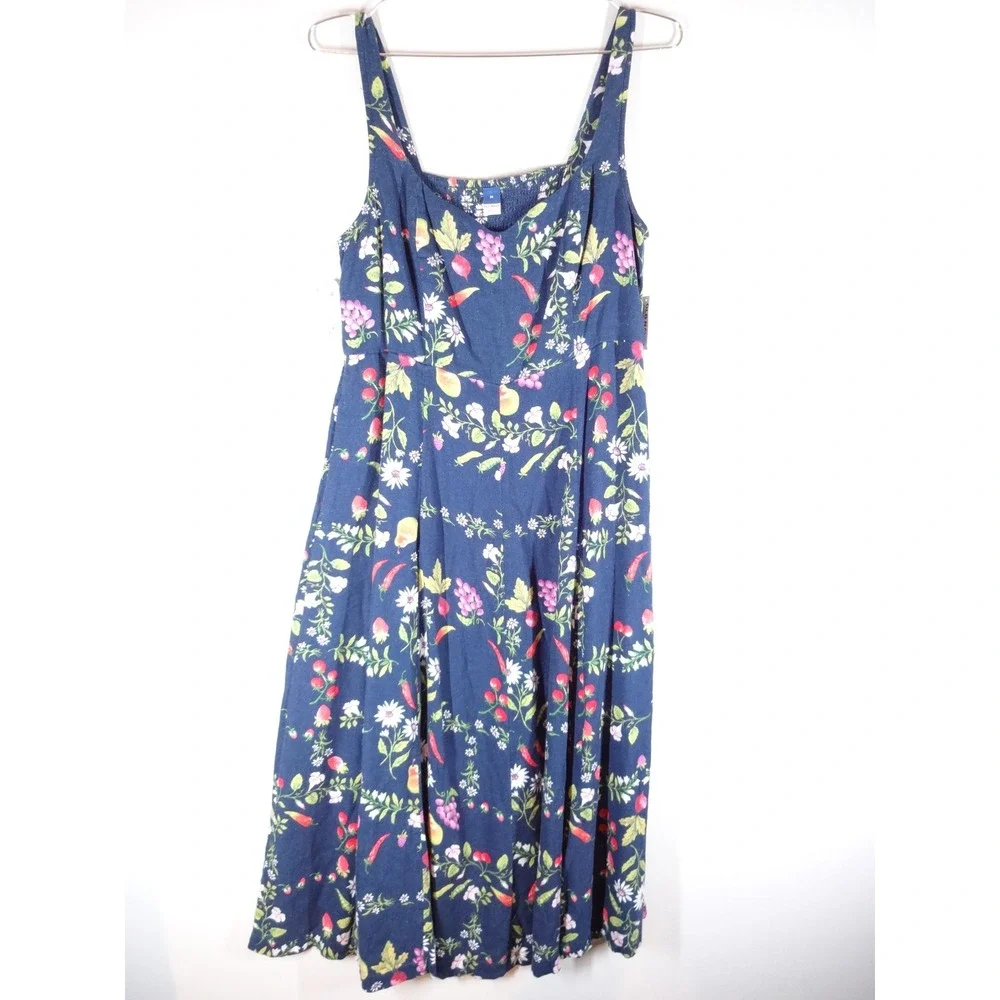 Old Navy Fruit Print Dress Women Medium Navy Linen Blend Smocked Cottagecore NWT